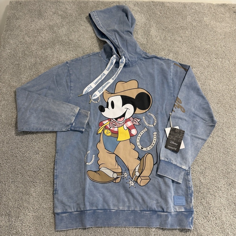 Loungefly Disney Western Mickey Mouse Unisex Hoodie Sz M Blue Cowboy Sweatshirt